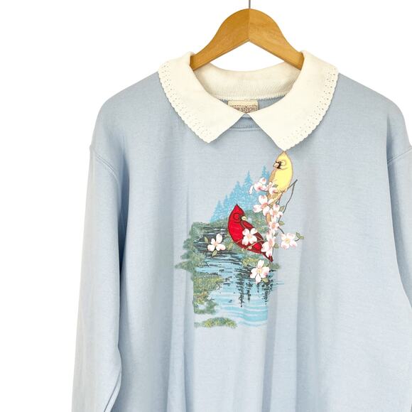 Vintage 90s Cottage Cardinal Graphic Collared Light Blue Sweatshirt Size Large - Picture 5 of 5